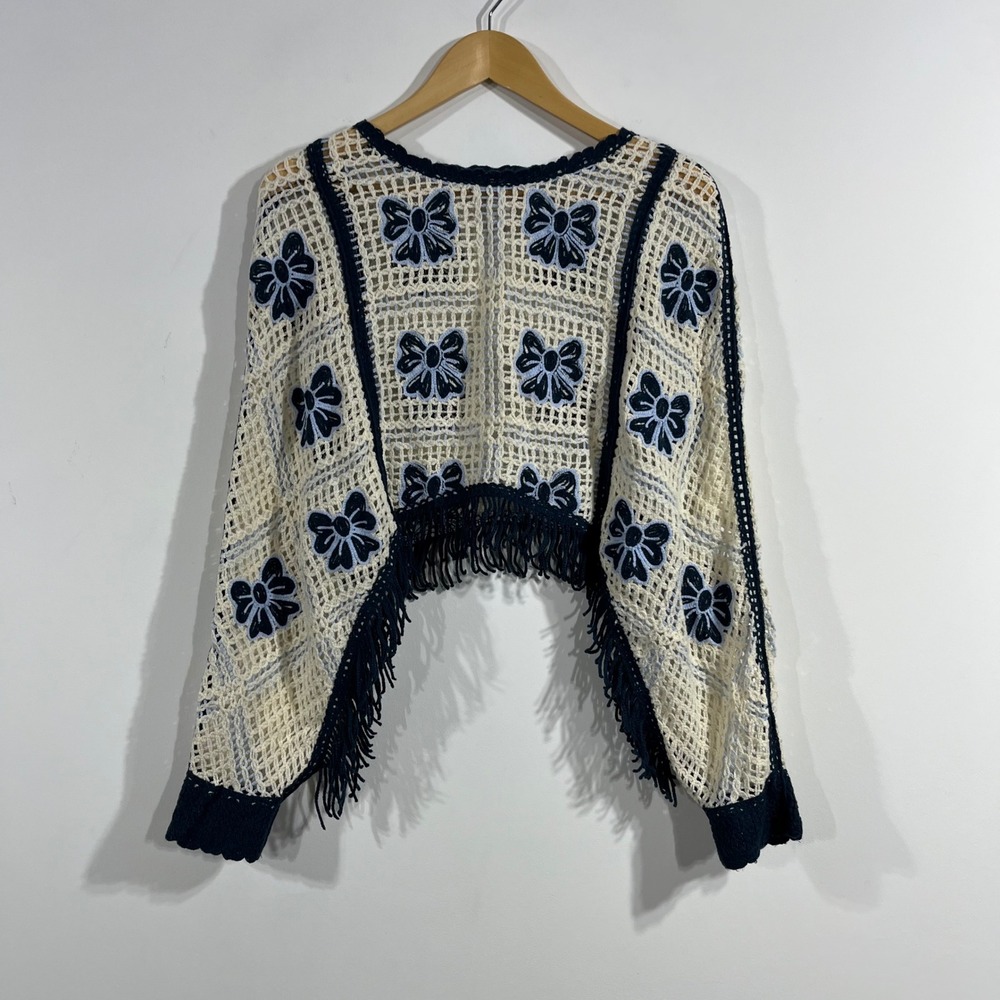 House of Harlow Coquette Crochet Knit Bow Shrug Fringe One Size Festival Boho